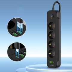 PRISE ÉLECTRIQUE TECH-PROTECT PCL4X3 LONGUE AVEC 2 USB & 1 TYPE-C & 4 PRISES 200CM NOIRE