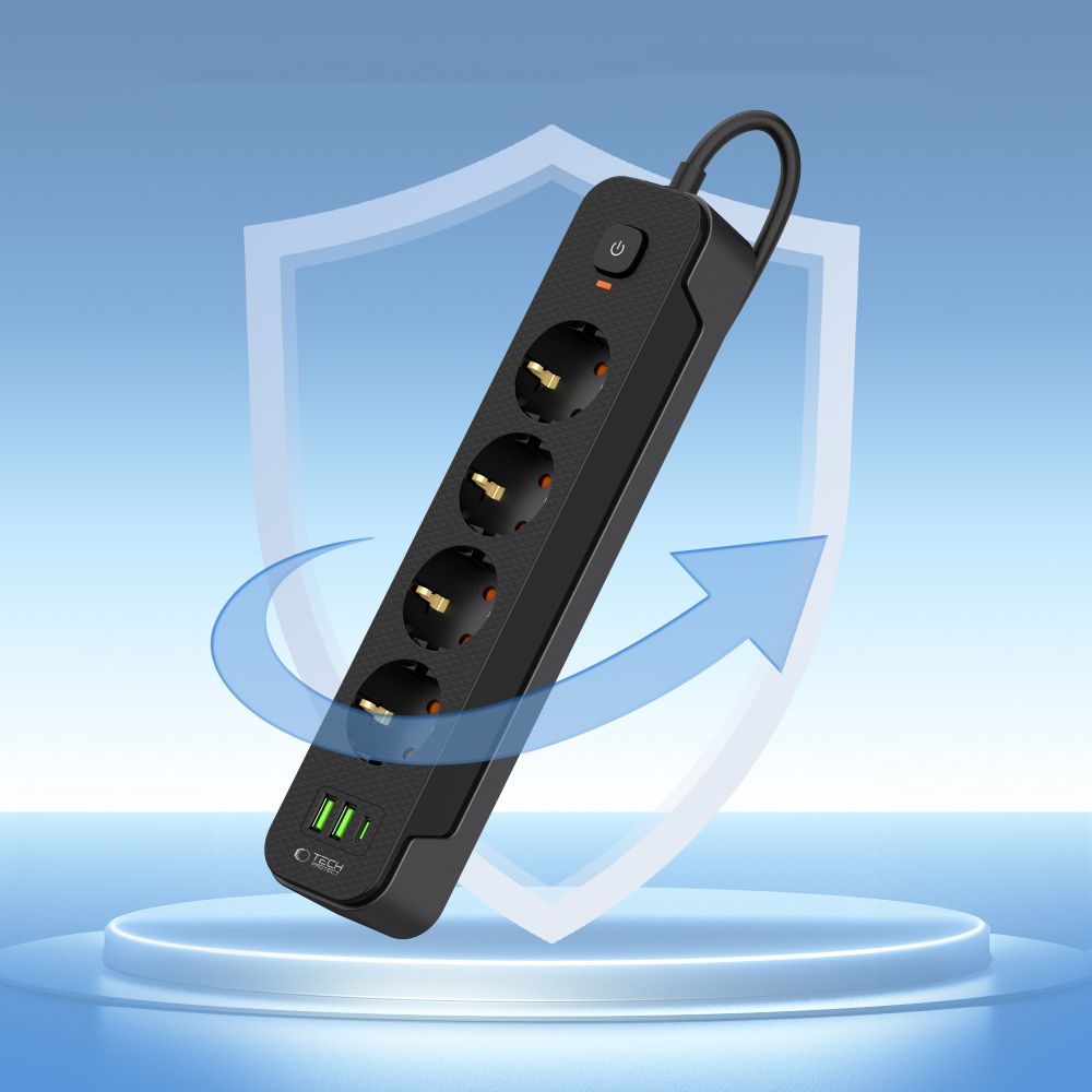 PRISE ÉLECTRIQUE TECH-PROTECT PCL4X3 LONGUE AVEC 2 USB & 1 TYPE-C & 4 PRISES 200CM NOIRE