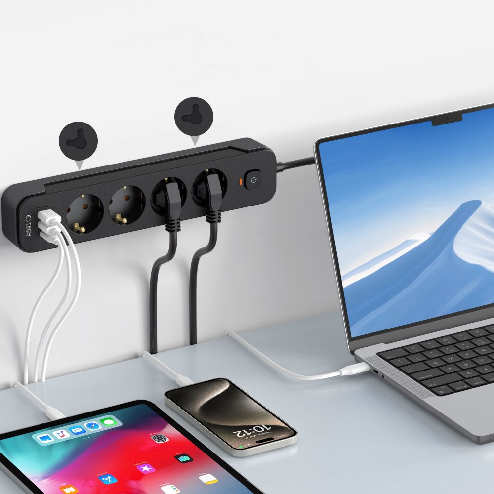 PRISE ÉLECTRIQUE TECH-PROTECT PCL4X3 LONGUE AVEC 2 USB & 1 TYPE-C & 4 PRISES 200CM NOIRE