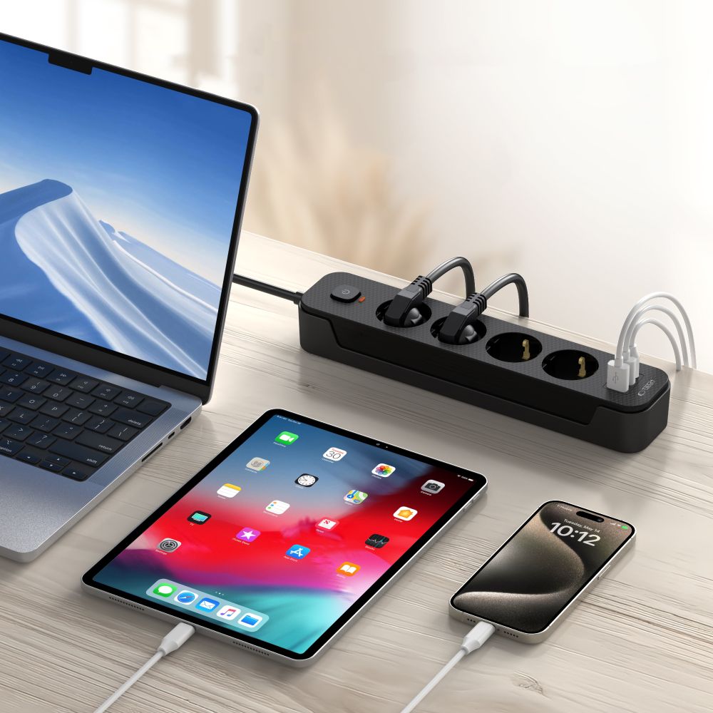 PRISE ÉLECTRIQUE TECH-PROTECT PCL4X3 LONGUE AVEC 2 USB & 1 TYPE-C & 4 PRISES 200CM NOIRE