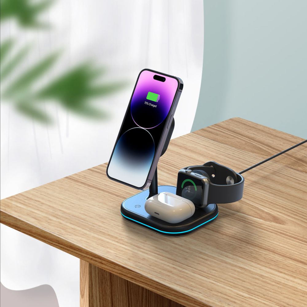 CHARGEUR SANS FIL 3EN1 QI15W-A27 MAGNETIQUE MAGSAFE NOIR