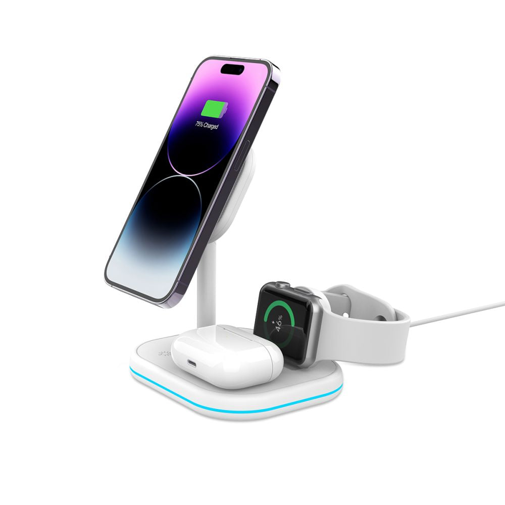 CHARGEUR SANS FIL 3EN1 QI15W-A27 MAGNETIQUE MAGSAFE BLANC