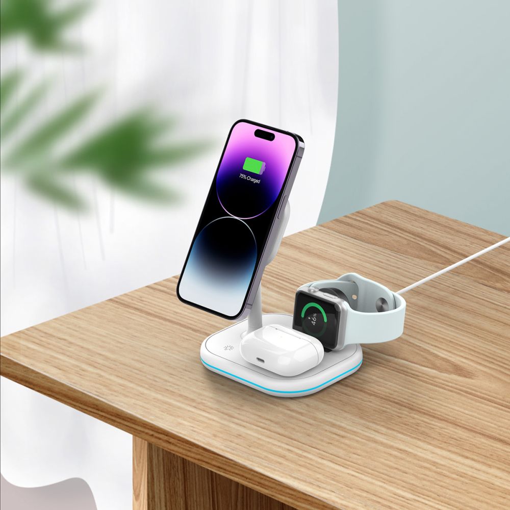 CHARGEUR SANS FIL 3EN1 QI15W-A27 MAGNETIQUE MAGSAFE BLANC