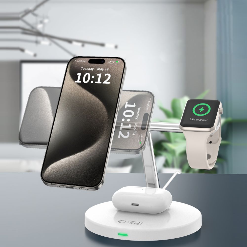 TECH-PROTECT QI15W-A35 CHARGEUR SANS FIL MAGNETIQUE MAGSAFE 3EN1 BLANC