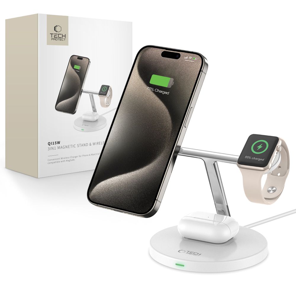 TECH-PROTECT QI15W-A35 CHARGEUR SANS FIL MAGNETIQUE MAGSAFE 3EN1 BLANC