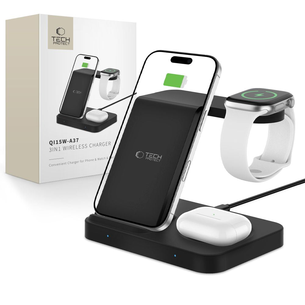 TECH-PROTECT QI15W-A37 CHARGEUR SANS FIL 3EN1 POUR ANDROID & APPLE NOIR
