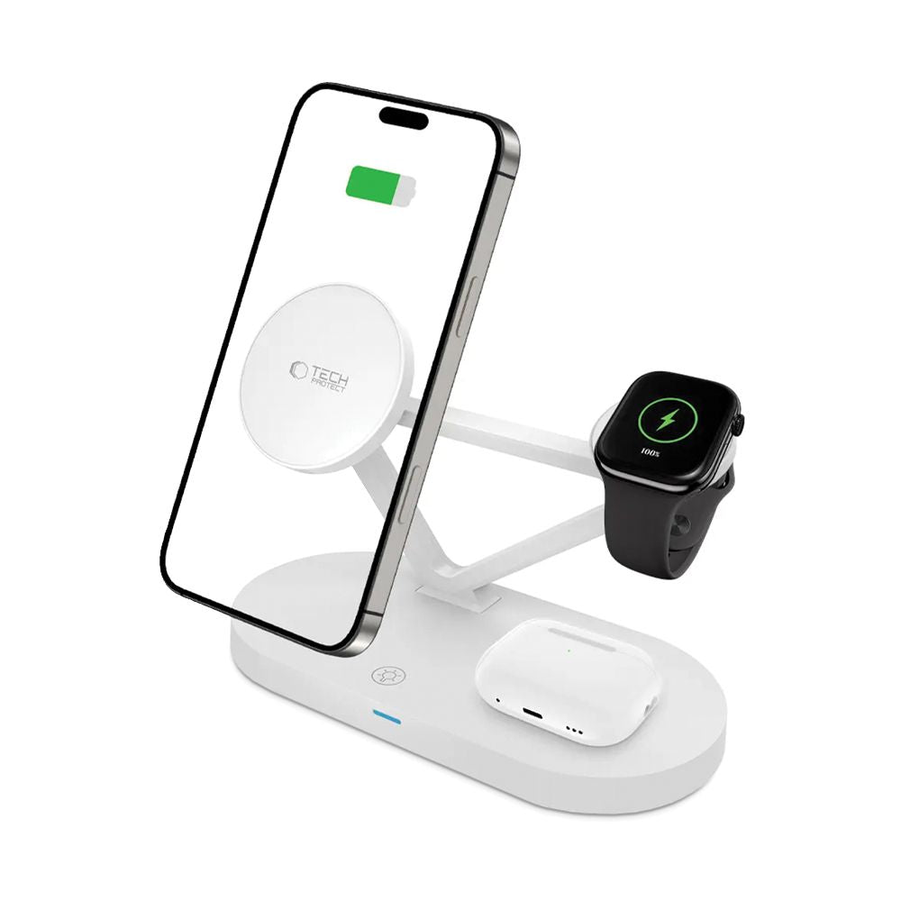 STATION DE CHARGEMENT TECH-PROTECT QI15W-A41 3EN1 MAGNETIQUE MAGSAFE CHARGEUR SANS FIL BLANC