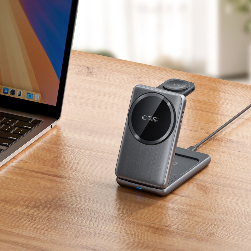 STATION DE CHARGEMENT TECH-PROTECT QI15W-A42 3EN1 MAGNETIQUE MAGSAFE CHARGEUR SANS FIL GRIS ESPACE