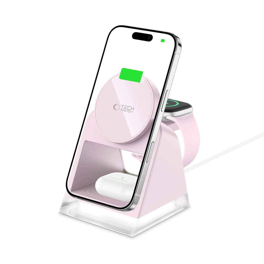 STATION DE CHARGEMENT TECH-PROTECT QI15W-A43 3EN1 MAGNETIQUE MAGSAFE CHARGEUR SANS FIL ROSE PÂLE