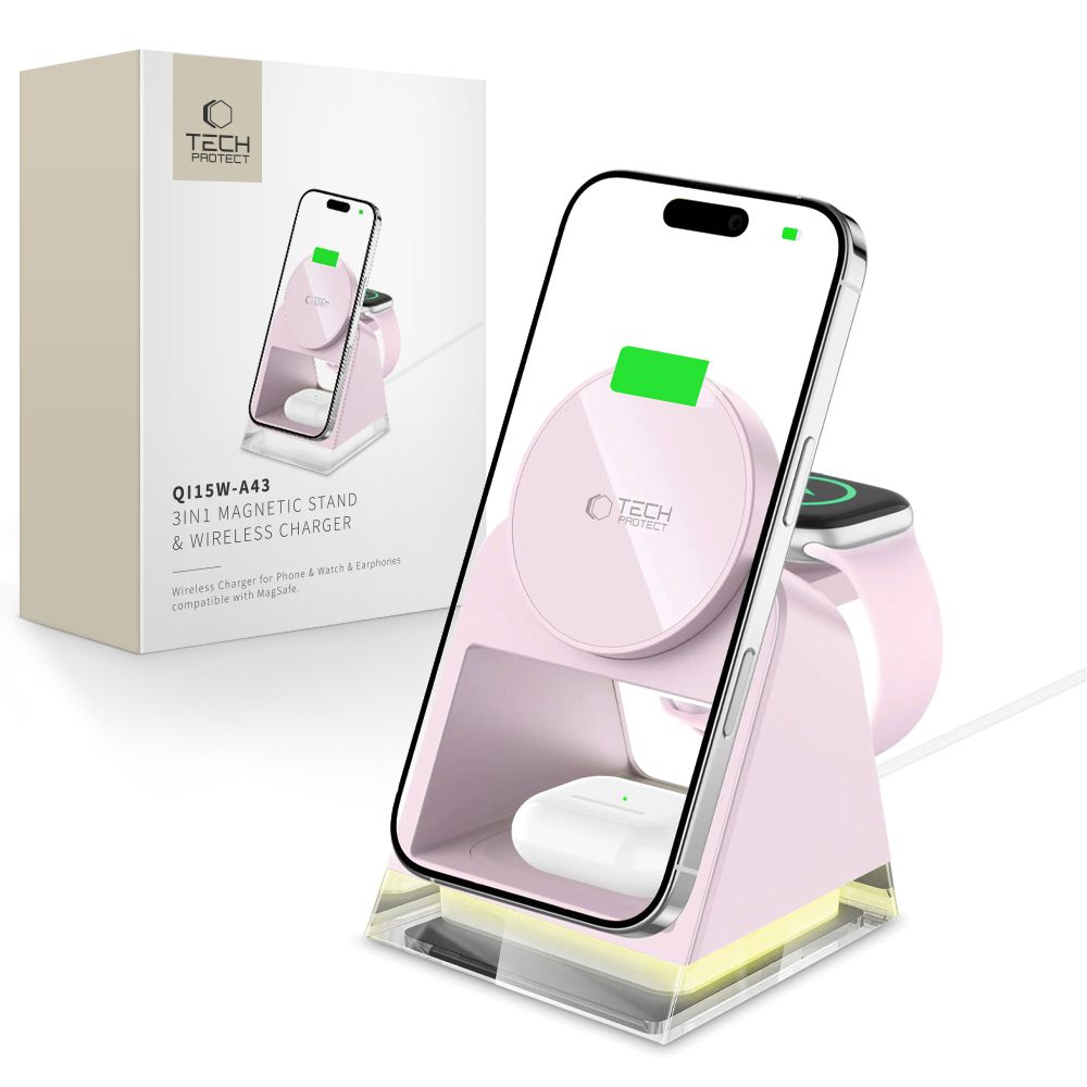 STATION DE CHARGEMENT TECH-PROTECT QI15W-A43 3EN1 MAGNETIQUE MAGSAFE CHARGEUR SANS FIL ROSE PÂLE