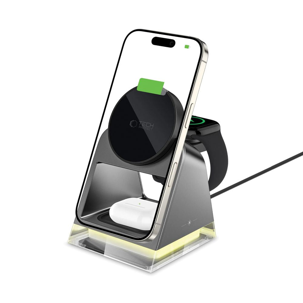 STATION DE CHARGEMENT TECH-PROTECT QI15W-A43 3EN1 MAGNETIQUE MAGSAFE CHARGEUR SANS FIL NOIR
