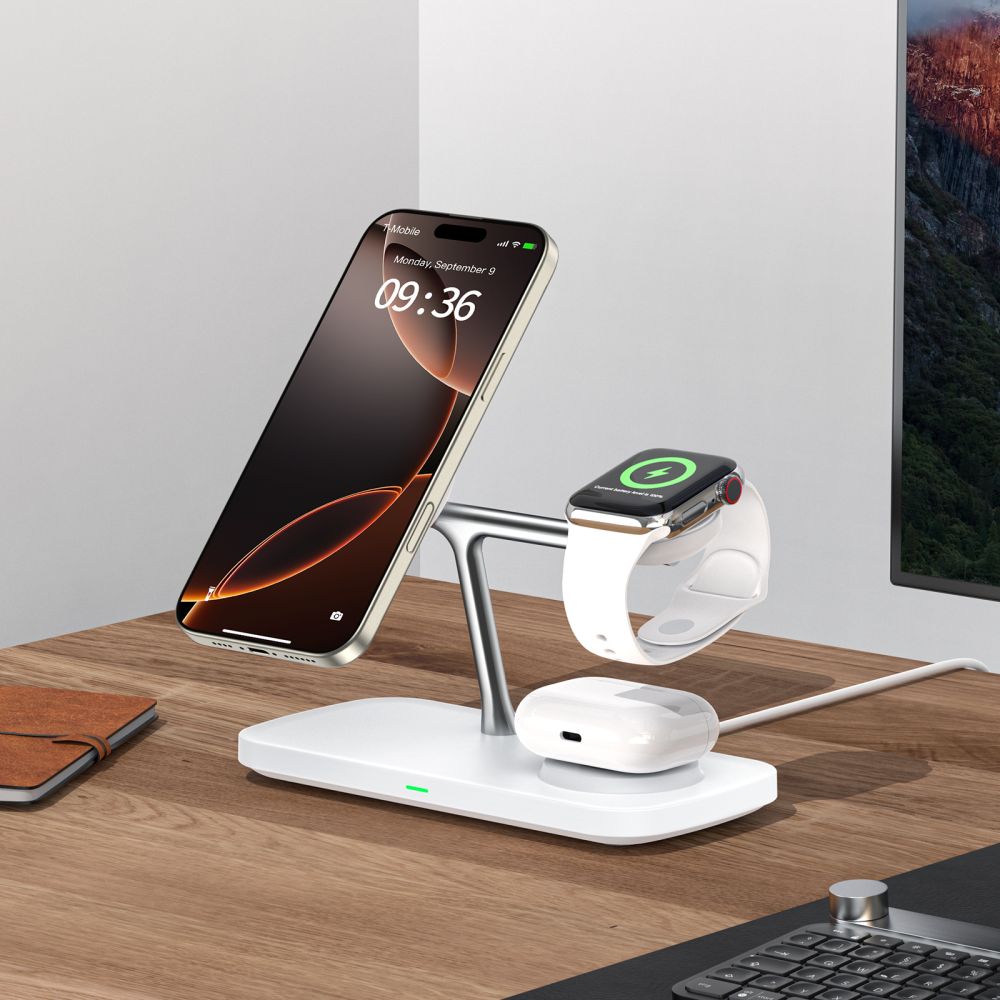 STATION DE CHARGEMENT TECH-PROTECT QI15W-A45 3EN1 MAGNETIQUE MAGSAFE CHARGEUR SANS FIL BLANC