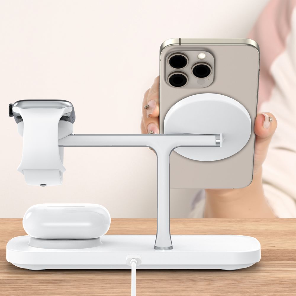 STATION DE CHARGEMENT TECH-PROTECT QI15W-A45 3EN1 MAGNETIQUE MAGSAFE CHARGEUR SANS FIL BLANC