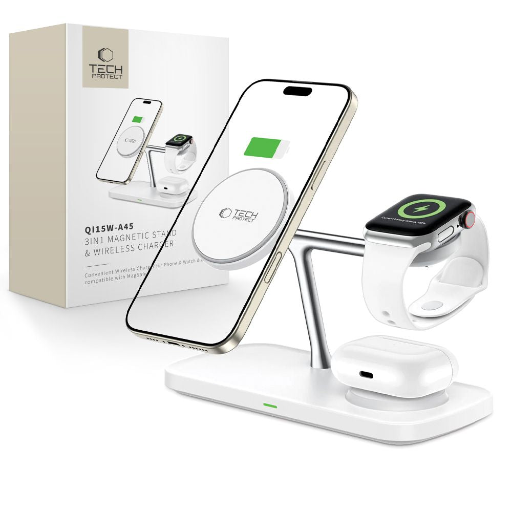 STATION DE CHARGEMENT TECH-PROTECT QI15W-A45 3EN1 MAGNETIQUE MAGSAFE CHARGEUR SANS FIL BLANC