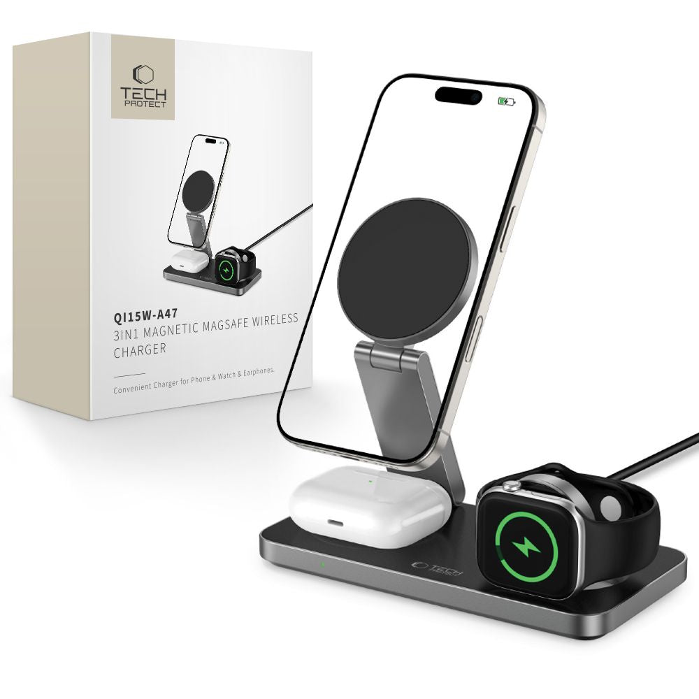 TECH-PROTECT QI15W-A47 CHARGEUR SANS FIL MAGNETIQUE MAGSAFE 3EN1 NOIR