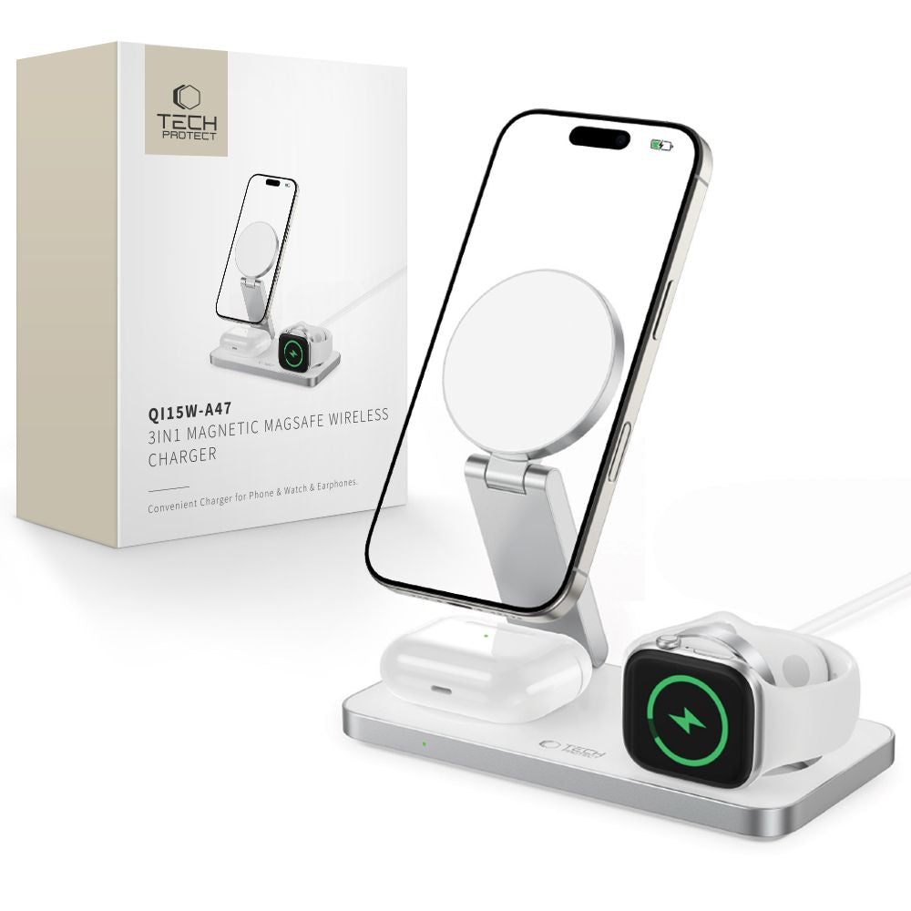 TECH-PROTECT QI15W-A47 CHARGEUR SANS FIL MAGNETIQUE MAGSAFE 3EN1 BLANC
