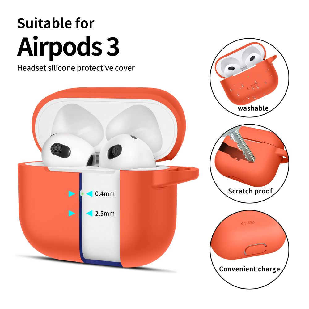 COUVERCLE TECH-PROTECT CROCHET EN SILICONE APPLE AIRPODS 3 ORANGE NÉON