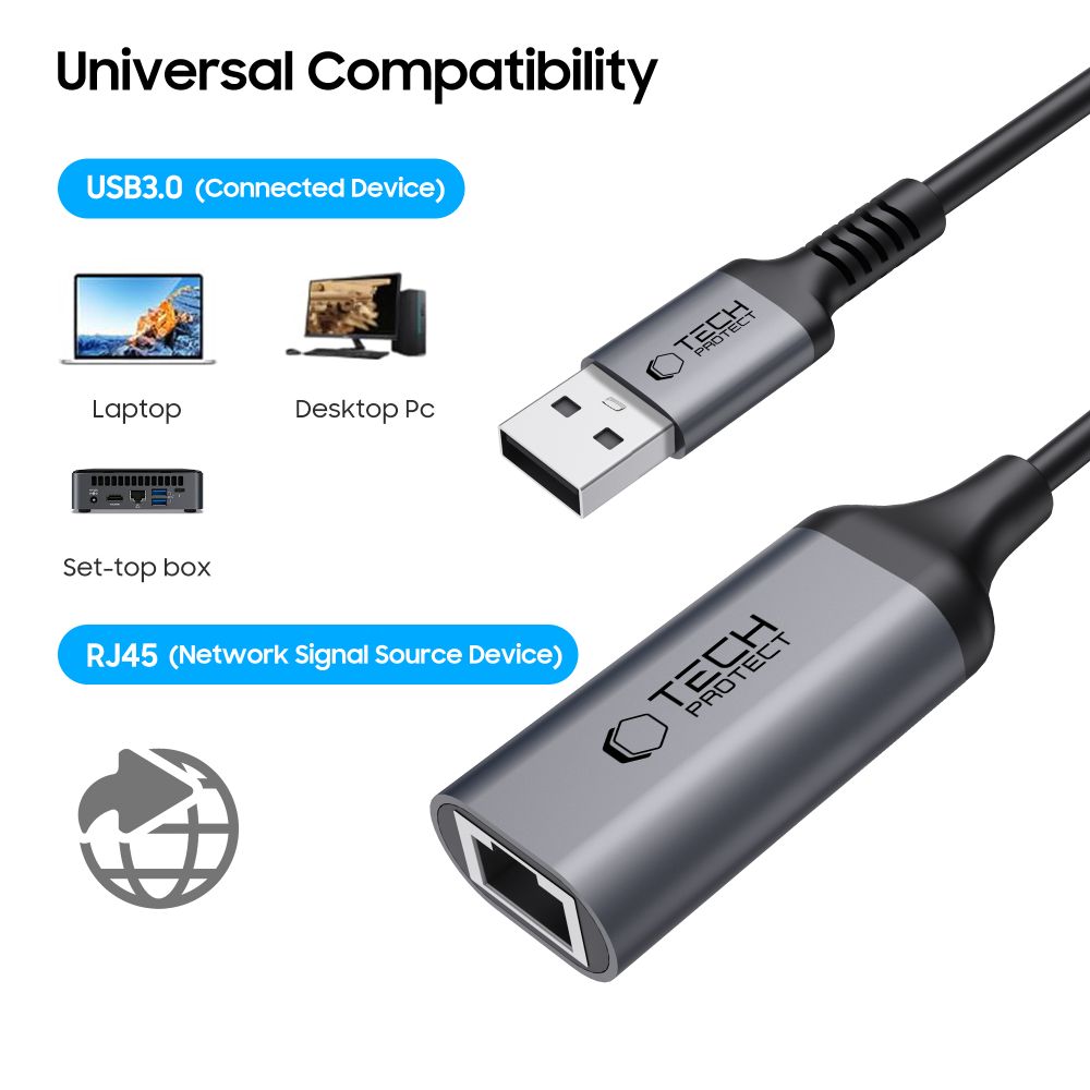 ADAPTATEUR TECH-PROTECT ULTRABOOST USB 3.0 À ETHERNET RJ45 1000MBPS NOIR