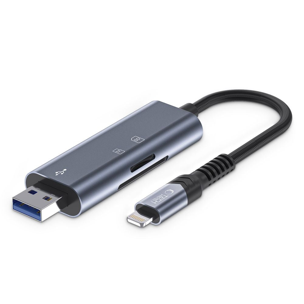 LECTEUR DE CARTES MÉMOIRES TECH-PROTECT ULTRABOOST LECTEUR DE CARTE SD & MICRO SD LIGHTNING & USB GRIS