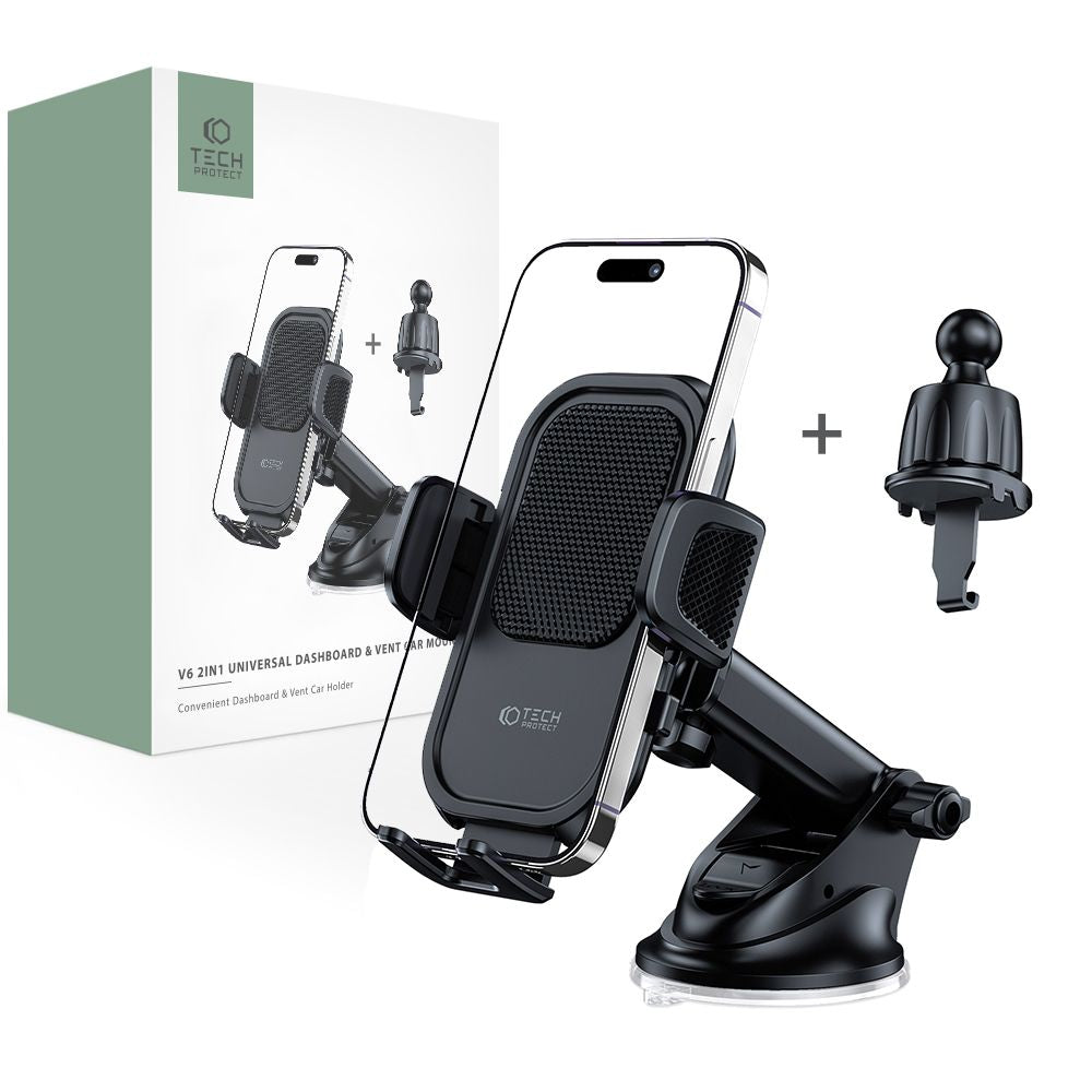 SUPPORT DE TÉLÉPHONE MOBILE POUR VOITURE TECH-PROTECT V6 MONTAGE SUR TABLEAU DE BORD ET VENTILATION NOIR